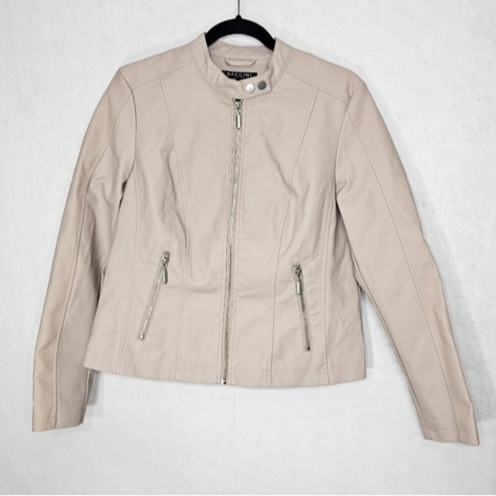 Baccini Cream Faux Leather Mock Neck Zipper Front Coat Medium